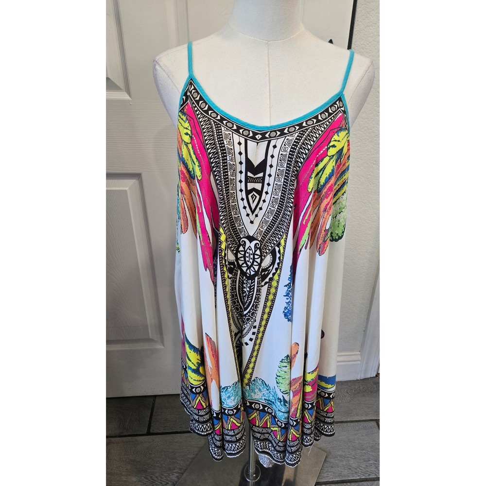 Flying Tomato Tribal Feather Print Mini Dress Womens Large Multi Color Boho L